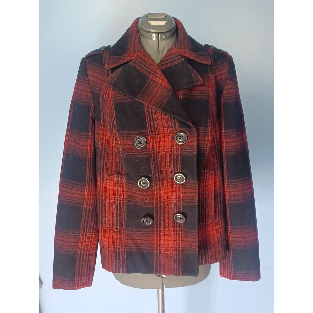 Old Navy Womens Jacket Size Medium Red Plaid Double Breast Blazer Coat Buttons
